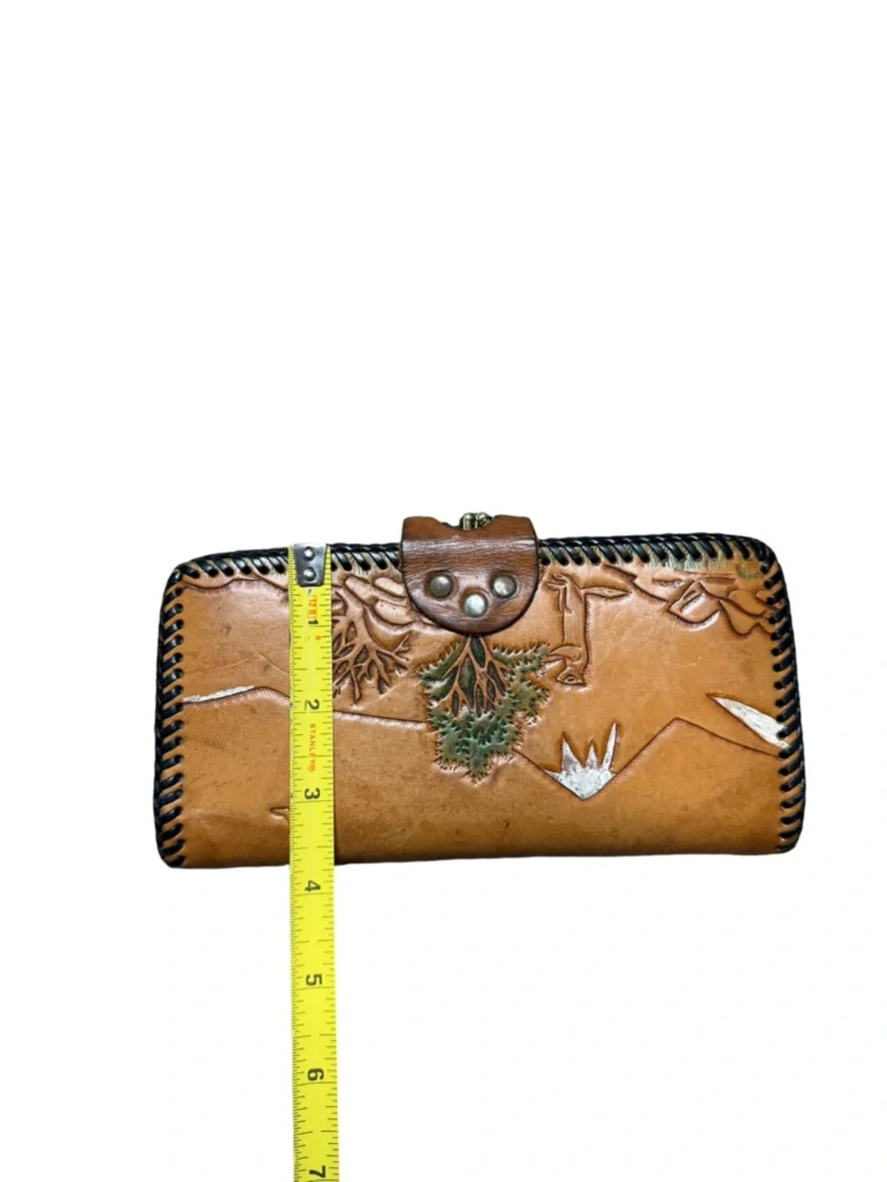 Vintage Hand Tooled Leather Wallet Western Deer Scene Snap Closure Brown